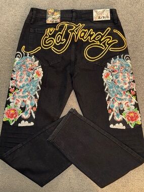 Ed Hardy Black Slim Straight Jeans with Floral Side Embroidery